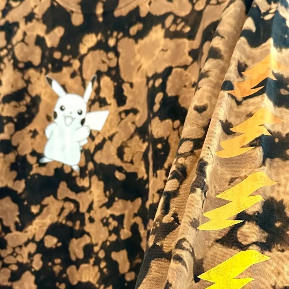 Hand Bleach Dyed Pokemon Pikachu Adult Large Long Sleeve T-Shirt